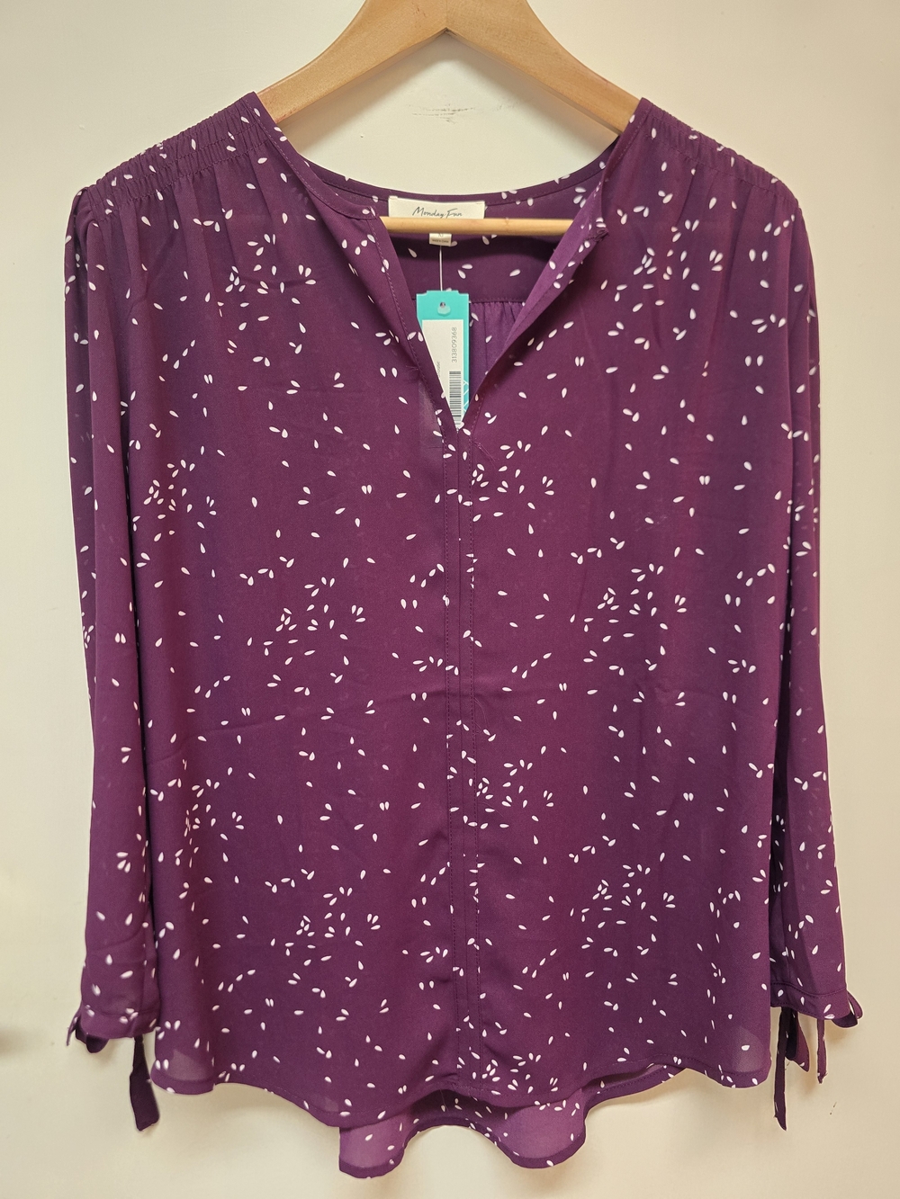NWT- Market & Spruce Plum Purple Long-Sleeve V-Neck Blouse with White Dot Print